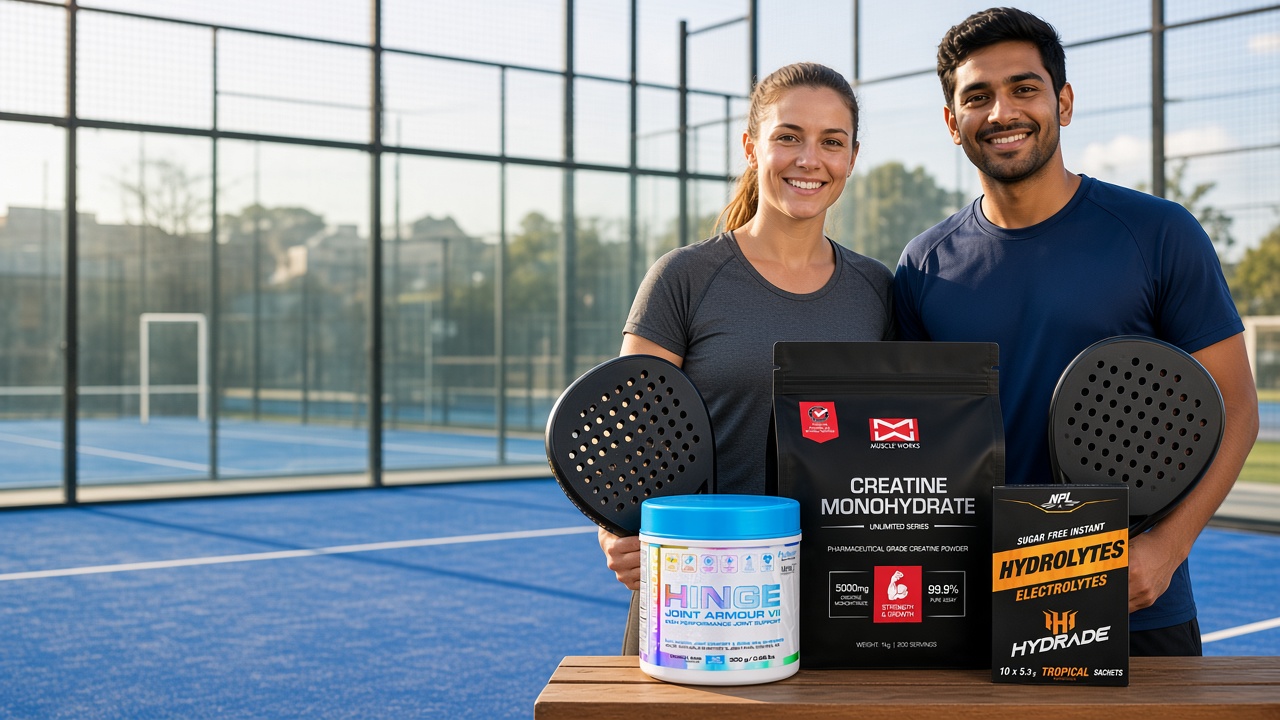Two South African players with padel rackets and The Padel Stack on court